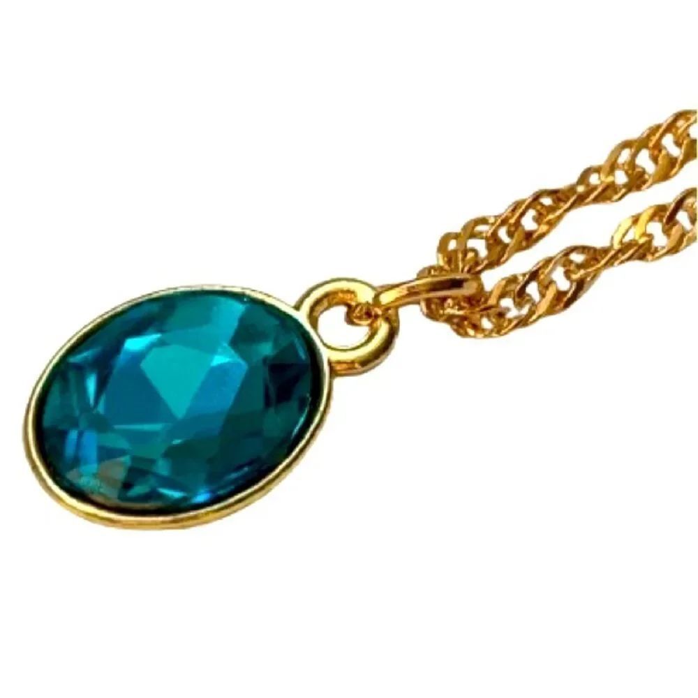 Azure Blue Oval Pendant Necklace in Gold Tone - Faux Aquamarine – Art Deco Style
